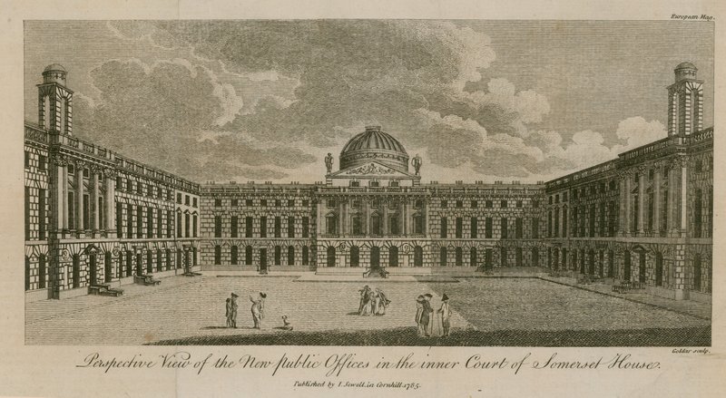 Vista em perspectiva dos novos escritórios públicos no pátio interno da Somerset House de English School
