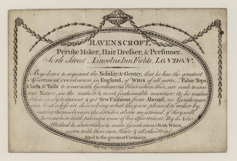 Fabricante de Peruke, Ravenscroft, cartão de comércio de English School