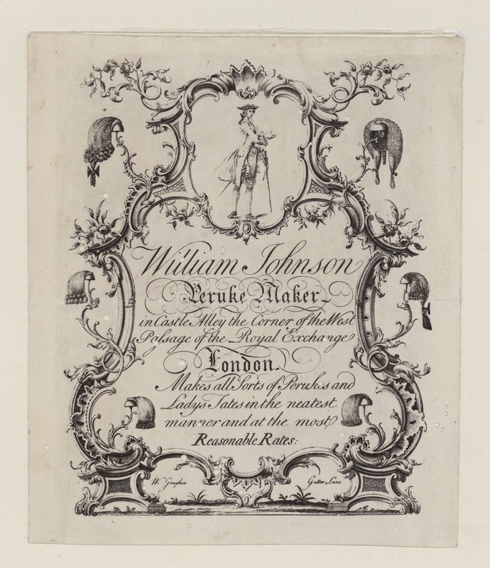 Fabricante de Peruke, William Johnson, cartão de comércio de English School