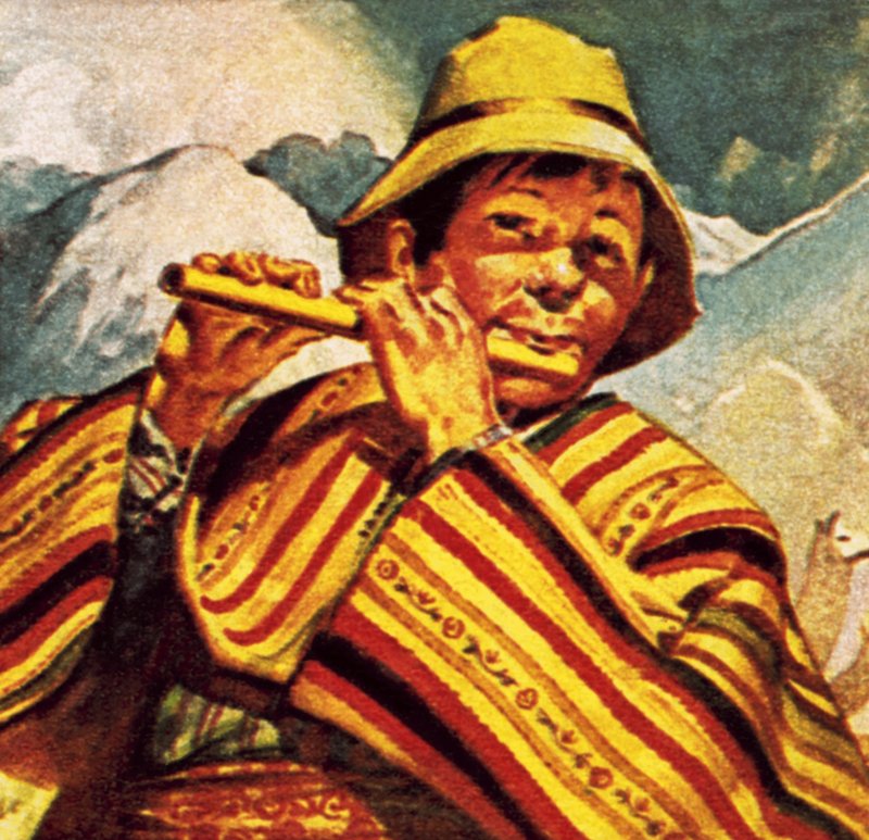 Homem peruano tocando flauta de English School
