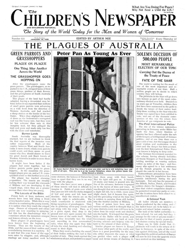 Peter Pan como Young as Ever, primeira página de &39;The Children&39;s Newspaper&39;, janeiro de 1935 (papel de jornal) de English School