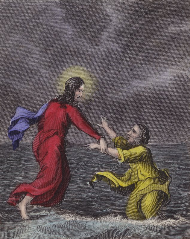 O Peter saltou para baixo e pisou a onda de turbulência... (gravura colorida) de English School
