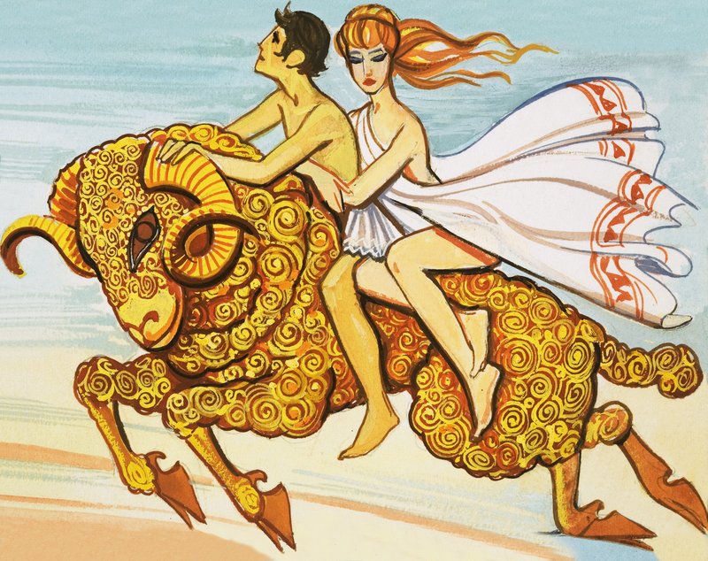 Phrixus e Helle são resgatados por um carneiro voador com um velo de ouro de English School