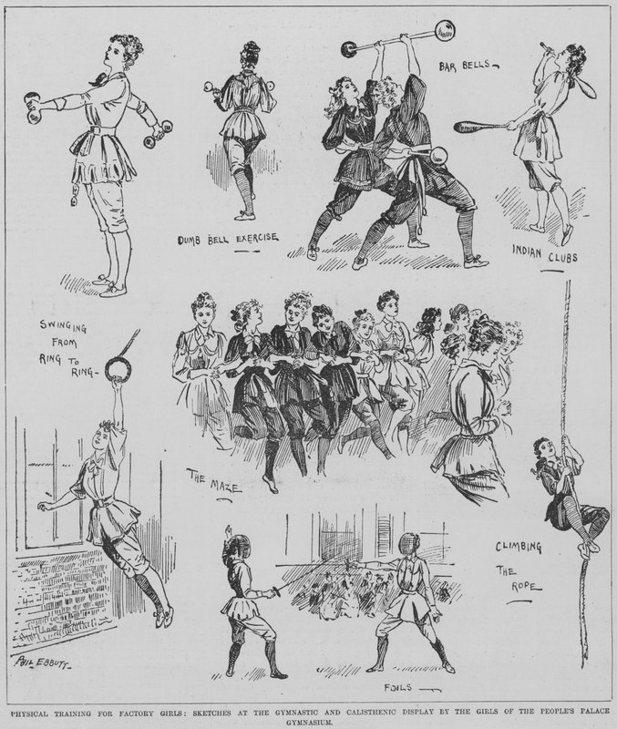 Treinamento físico para meninas de fábrica, exposição pelas meninas do ginásio do Palácio do Povo, Mile End Road, Londres de English School