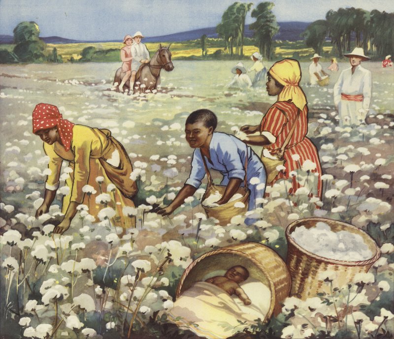 Colheita de algodão em uma plantação americana (cor litho) de English School