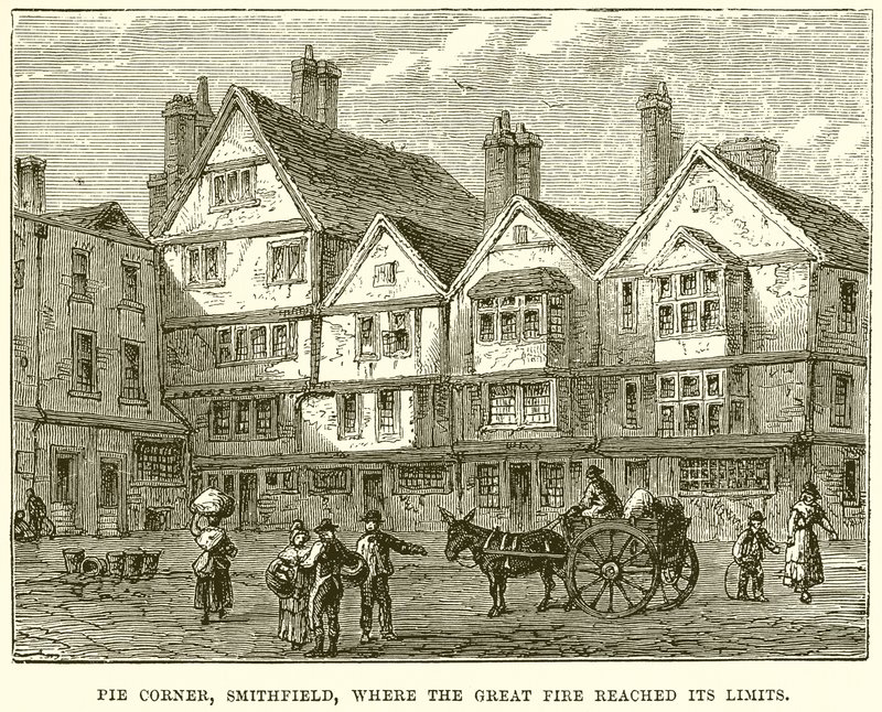Pie Corner, Smithfield, onde o Grande Incêndio atingiu seus limites de English School