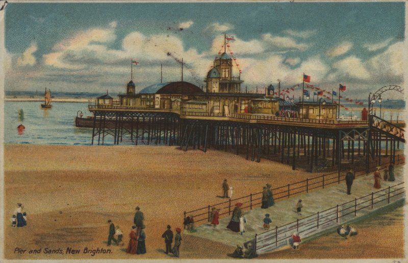 Cais e areias, New Brighton, Merseyside (lito a cores) de English School