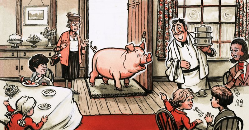Porco entrando em um restaurante de English School