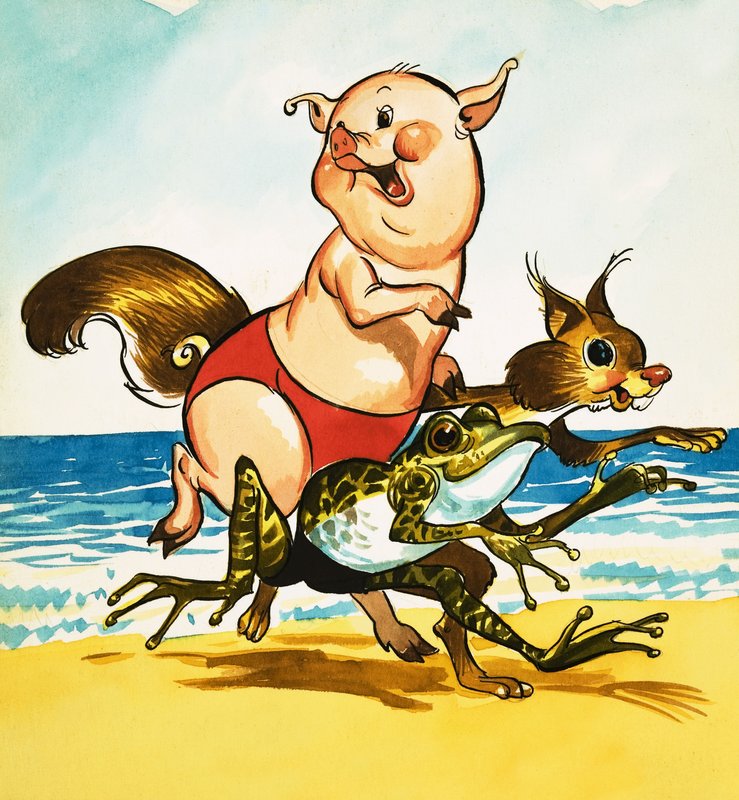 Porco, sapo e esquilo na praia de English School