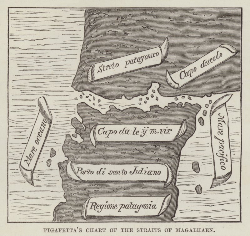 Gráfico de Pigafetta do Estreito de Magalhães (gravura) de English School