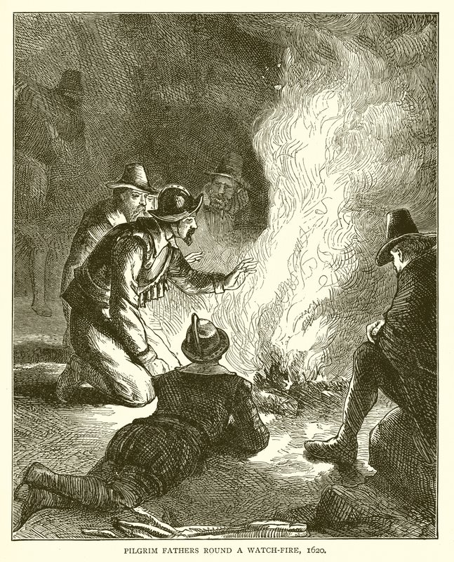 Padres de peregrinos ronda um relógio-fogo, 1620 de English School