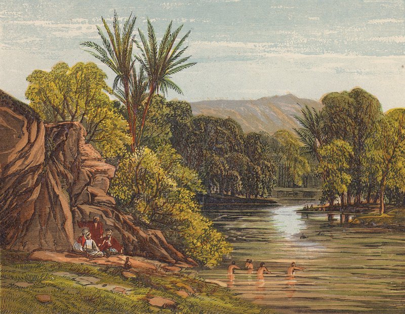 Peregrinos a banharem-se no rio Jordão (litografia a cores) de English School