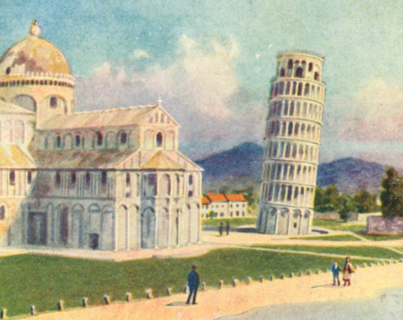 Catedral de Pisa e Torre Inclinada (litografia a cores) de English School