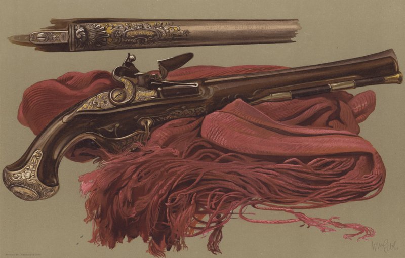 Pistola de Sir Ralph Abercrombie e faixa com que o corpo de Sir John Moore foi baixado à sepultura (cromolitografia) de English School