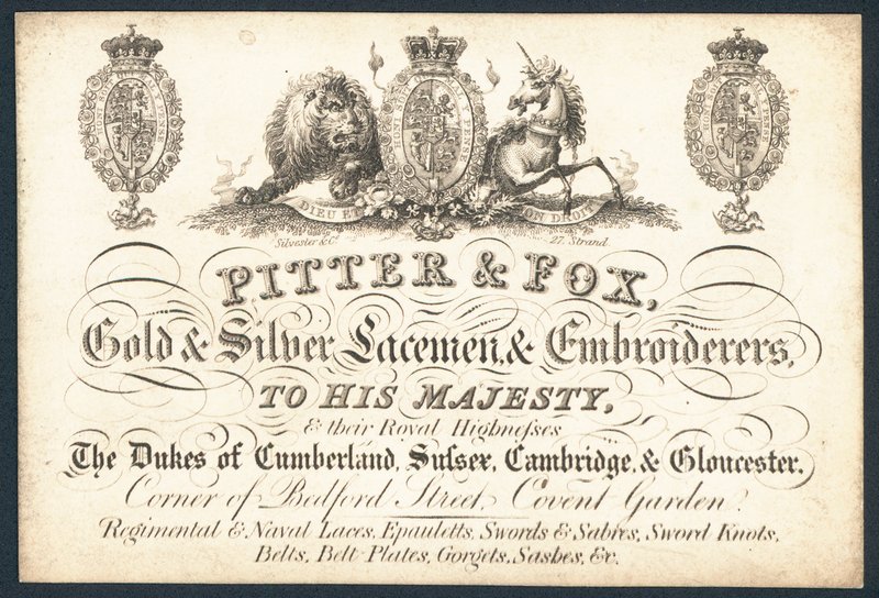 Pitter & Fox, rendas e bordadeiras de ouro e prata, cartão de comércio de English School