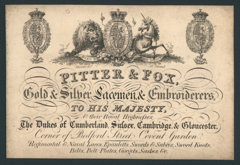 Pitter e Fox, Ouro e Prata Laceman e Bordadeiras, Bedford Street, Covent Garden, cartão de comércio de English School