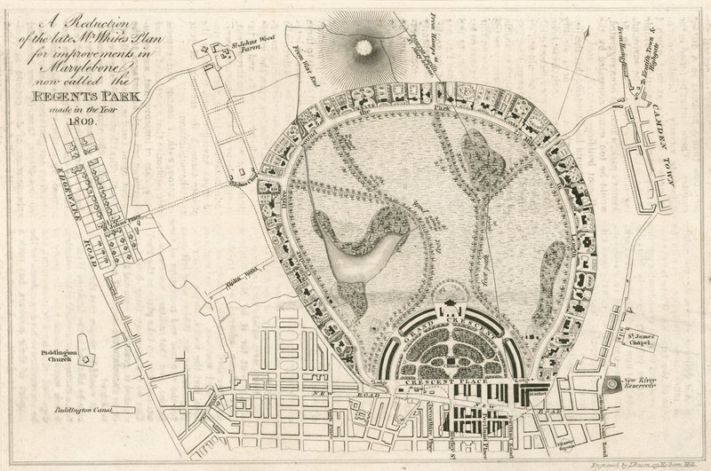 Plano de melhorias em Marylebone, Londres, agora chamado de Regents Park, feito no ano de 1809 de English School