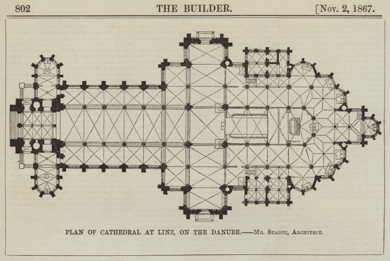 Plano da Catedral de Linz, no Danúbio, Sr. Stadtz, Arquitecto (gravura) de English School