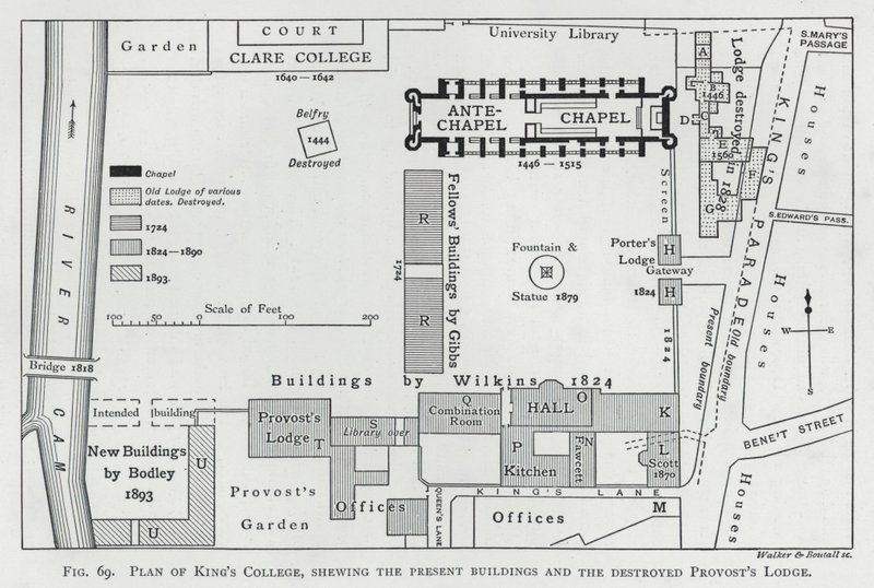 Plano do King "s College, mostrando os edifícios atuais e a destruída Provost" s Lodge de English School