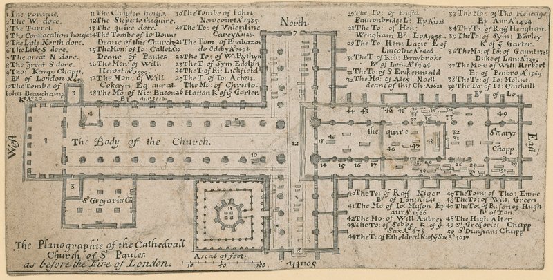 Plano de St Pauls Cathedral, Londres antes do grande incêndio de Londres (tinta no papel) de English School