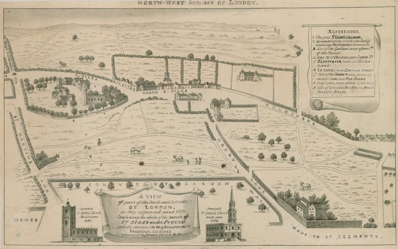 Plano dos subúrbios a noroeste de Londres em torno de St Giles nos campos de English School