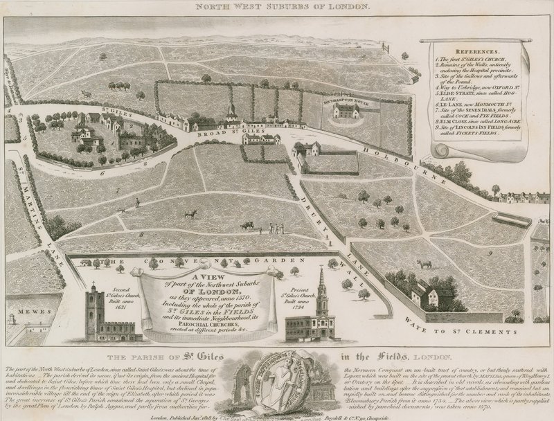 Plano dos subúrbios a noroeste de Londres em torno de St Giles nos campos de English School