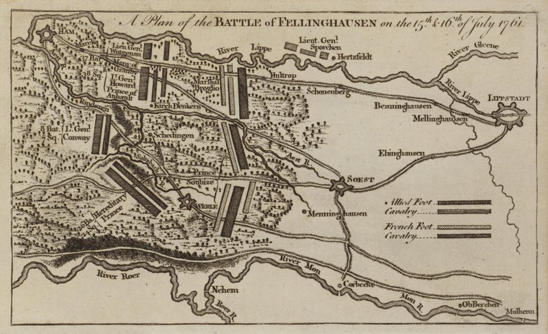 Plano da Batalha de Villinghausen, Alemanha, Guerra dos Sete Anos, 15-16 de julho de 1761 de English School