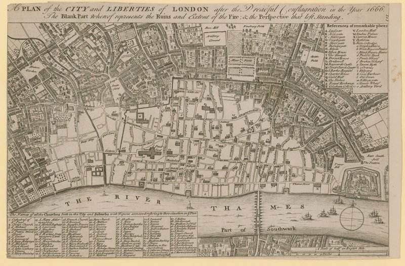 Plano da cidade e liberdades de Londres após a terrível conflagração no ano de 1666 de English School