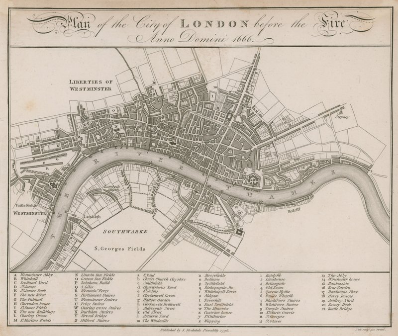 Plano da cidade de Londres antes do incêndio de 1666 de English School