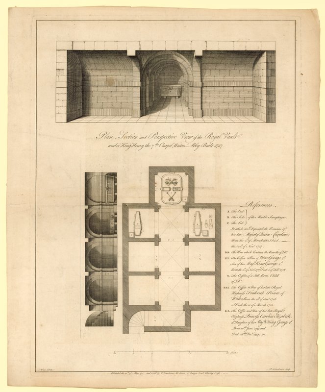 Plano da Abóbada Real sob a Capela do Rei Henrique VII, Abadia de Westminster, construída em 1737 de English School