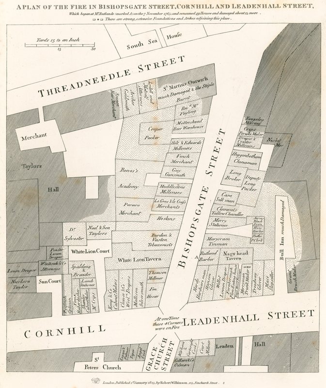 Plano do incêndio em Bishopsgate Street, Cornhill e Leadenhall Street, Londres, que começou em 7 de novembro de 1765 de English School