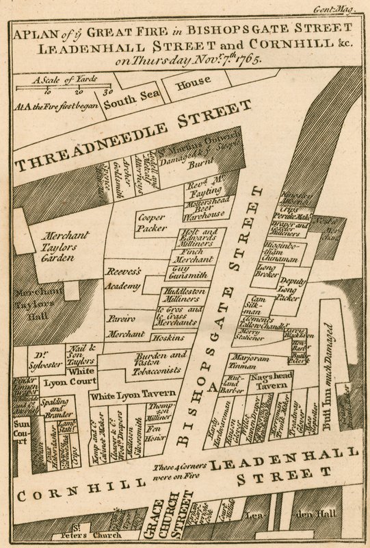 Plano do incêndio em Bishopsgate Street, Cornhill e Leadenhall Street, Londres, que começou em 7 de novembro de 1765 de English School