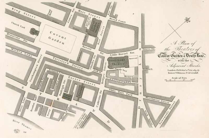 Plano dos teatros de Covent Garden, Londres de English School