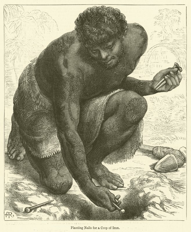 Plantação de pregos para uma cultura de ferro (gravura) de English School