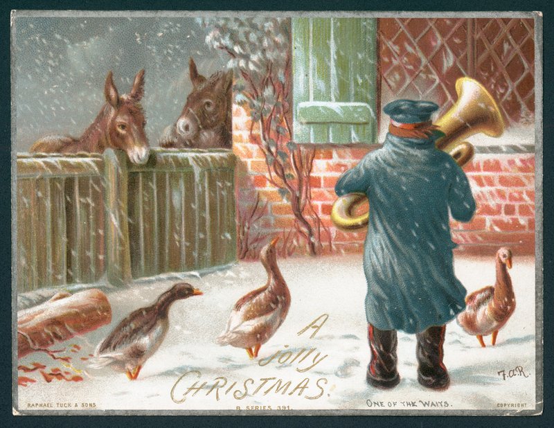 Jogando o trombone na neve, cartão de Natal de English School