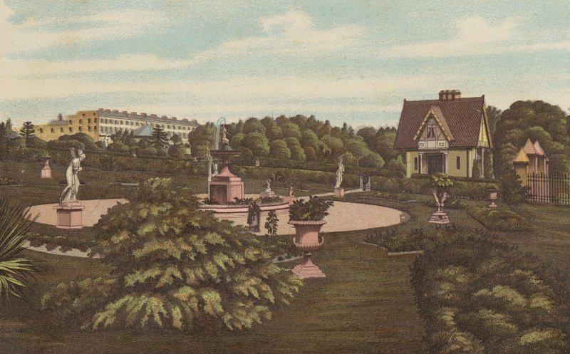 Plymouth: Loja e Jardins Suíços, Parque Devonport (cor litho) de English School