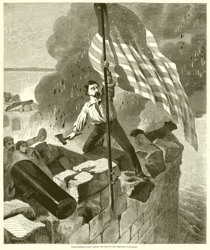 Sargento-policial Hart Pregando a bandeira para a equipe temporária de bandeira de English School