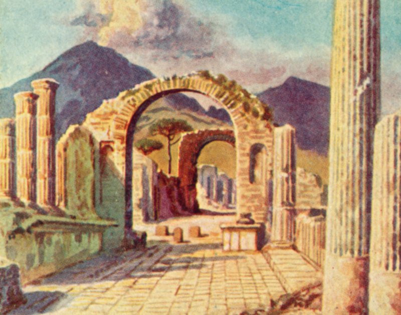 Pompeia, vista para o Vesúvio (litografia a cores) de English School