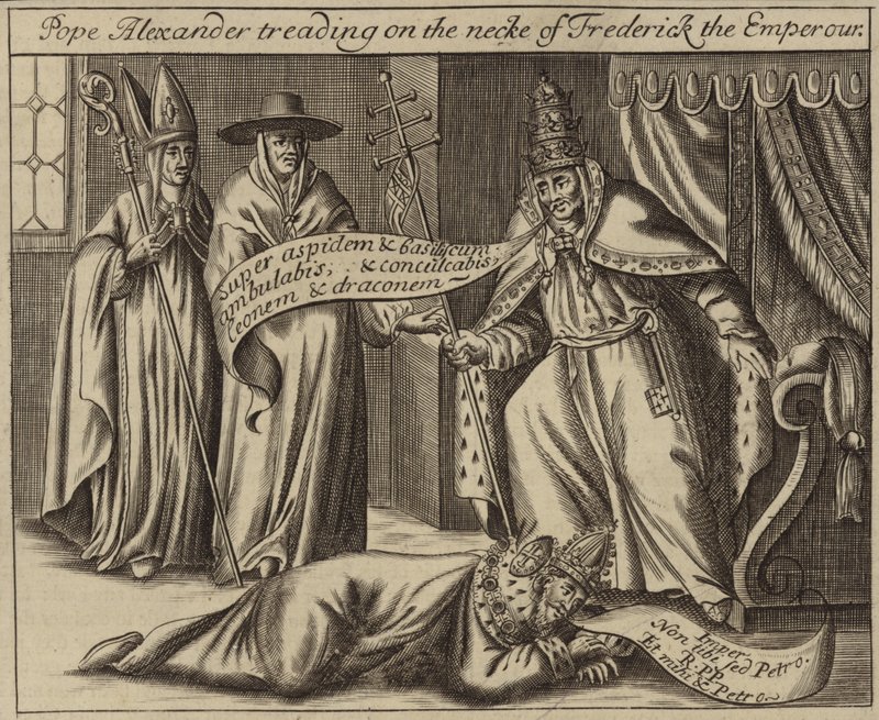 Papa Alexandre pisando no pescoço de Frederico, o Imperador de English School