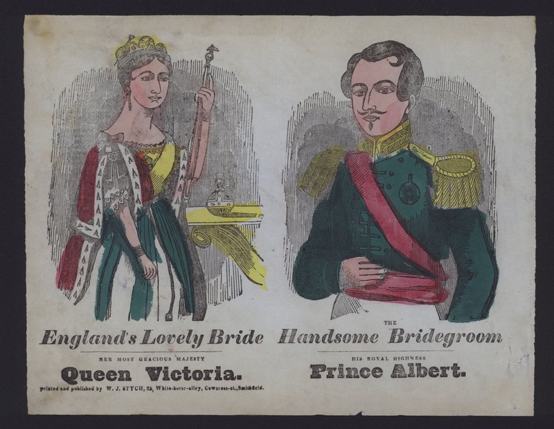 Ilustração popular celebrando o casamento da Rainha Vitória e do Príncipe Alberto (gravura colorida) de English School