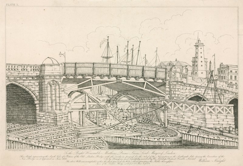 Porção da antiga ponte de Londres, desenhada em 1826 durante as obras de construção de English School