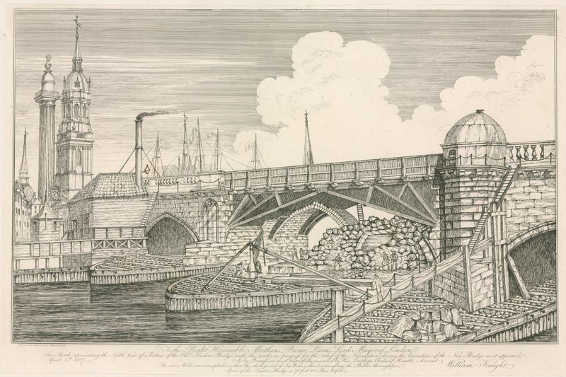 Porção da antiga ponte de Londres, desenhada em 1827 durante as obras de construção de English School