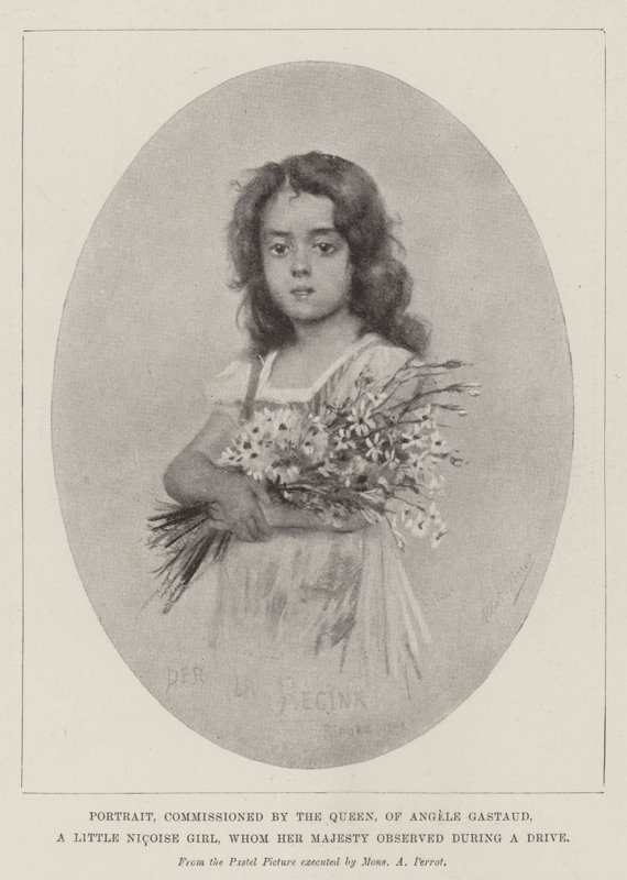 Retrato, encomendado pela Rainha, de Angele Gastaud, uma Menina Pequena Nicoise, que Sua Majestade observou durante um Drive (litho) de English School