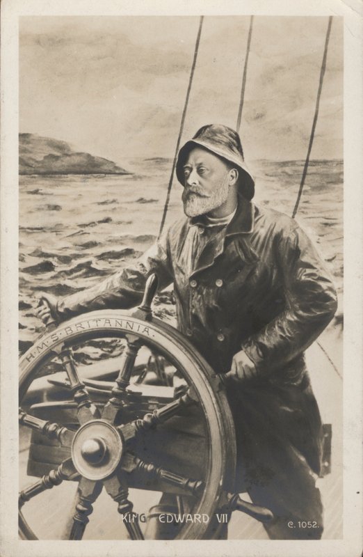 Retrato do Rei Eduardo VII no leme da HMS Britannia (litho) de English School