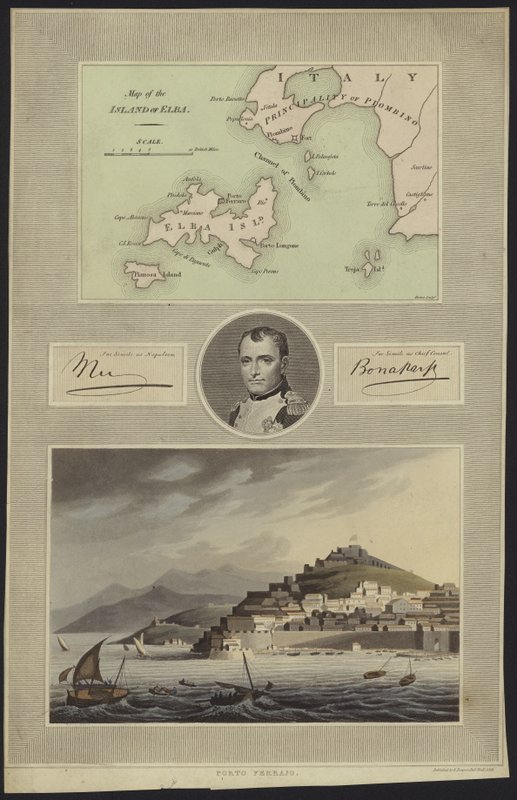 Retrato, de, Napoleão, bonaparte, com, um, mapa, e, um, vista, de, elba de English School