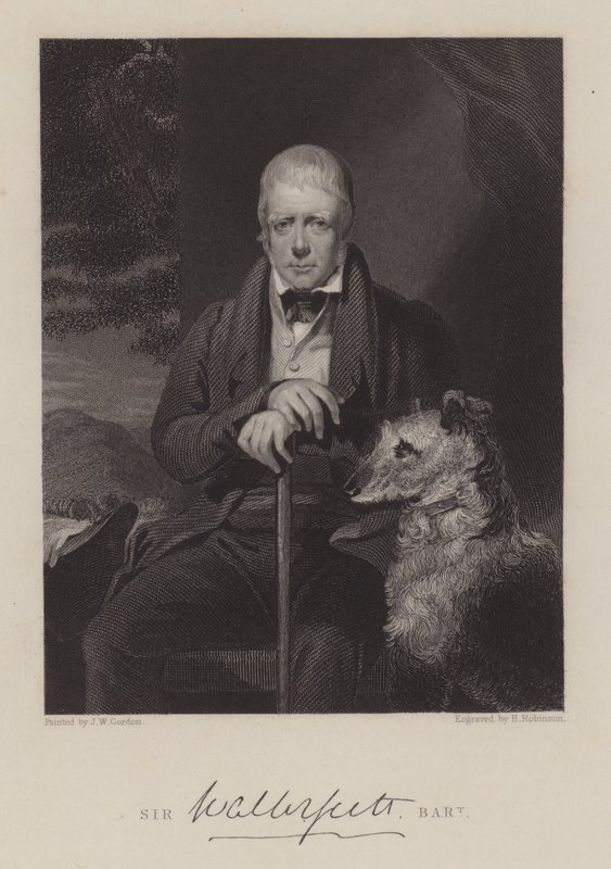 Retrato de Sir Walter Scott, com cão (gravura) de English School