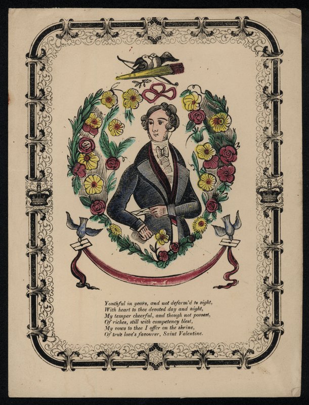 Retrato de um homem bonito, poema de São Valentim (gravura colorida) de English School