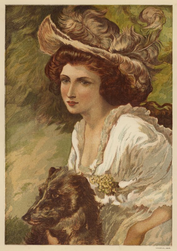 Retrato de uma jovem mulher com um cão (cor litho) de English School