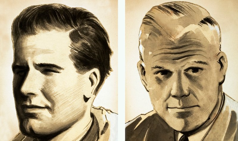 Retratos do Comandante Guy Gibson e do Dr. Barnes Wallis (guache no papel) de English School