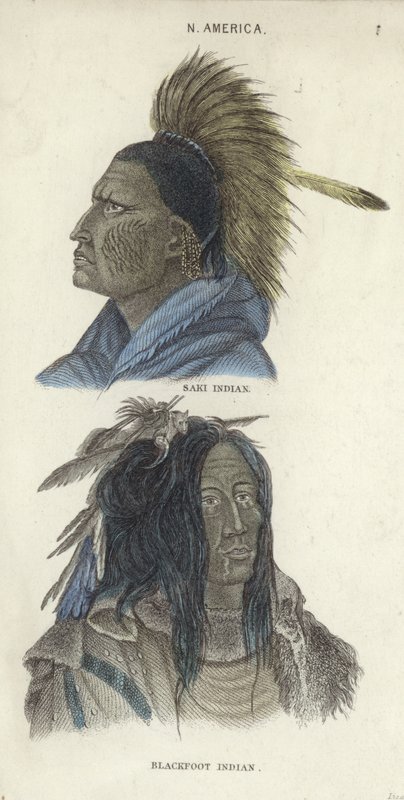 Retratos de um índio Saki e um índio Blackfoot (gravura a cores) de English School